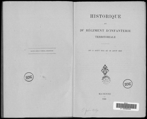 Historique du 26ème régiment territorial d'infanterie