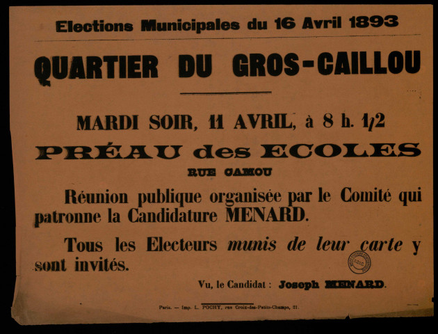 Élections Municipales Quartier du Gros-Caillou : Réunion publique Candidature Menard