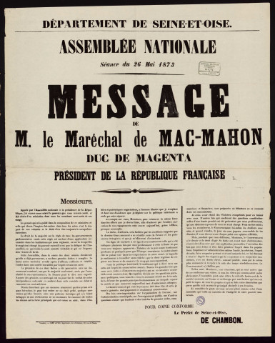 Message de M. le maréchal de Mac-Mahon Duc de Magenta Président de la République française