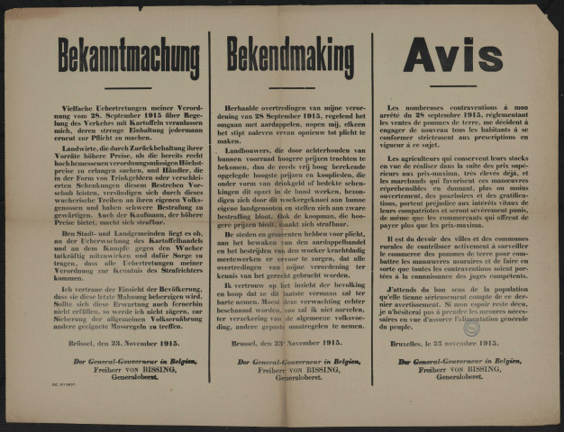 Verordnung...amp; über Regelung des Verkehrs mit Kartoffeln = Arrêté...amp; réglementant les ventes de pommes de terre