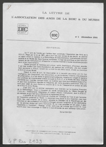 Une du numéro 1, feuille A4 en noir et blanc sans illustrations. L'éditorial présente cette nouvelle publication et ses objectifs.