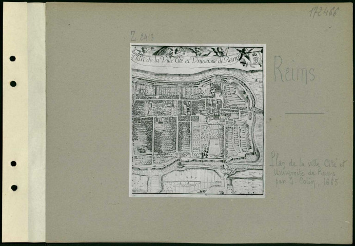 Reims. Plan de la ville cité et université de Reims par Jean Colin, 1665