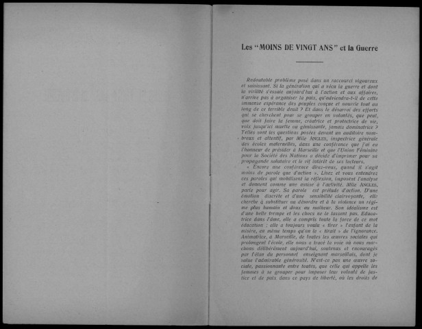 Les "moins de vingt ans" et la guerre. Sous-Titre : Conférence faite à Marseille le 20 février 1930 par Mlle Angles