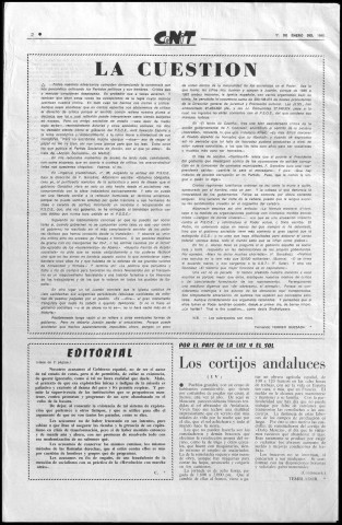 Cenit (1985 ; n° 95-142). Sous-Titre : órgano de la CNT-AIT Regional del Exterior, portavoz de la CNT de España. Autre titre : Fusion de : "CNT (Toulouse)", ISSN 0754-0582, interdit en 1961 et de : "Solidaridad obrera (Paris)", ISSN 0180-0523, disparu après la publication du numéro 3 en novembre 1976