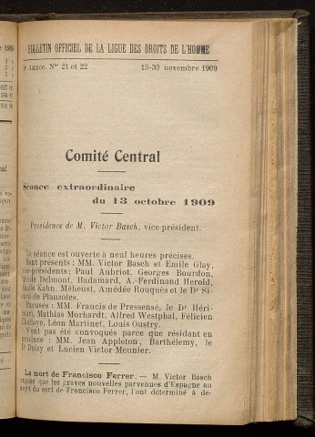 Novembre 1909 - Bulletin officiel de la Ligue des Droits de l'Homme
