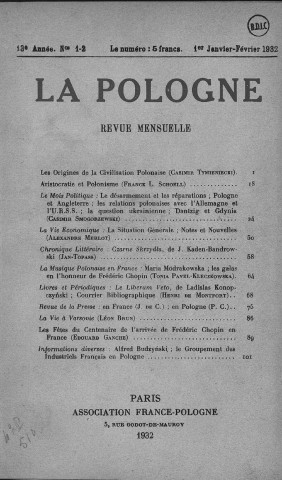 La Pologne politique, économique, littéraire et artistique (1932, n°1 - n°12)