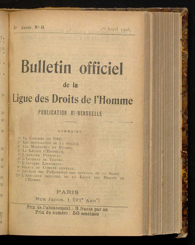 Avril 1905 - Bulletin officiel de la Ligue des Droits de l'Homme