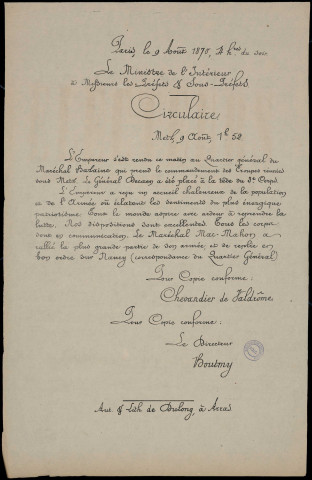 Circulaire : l'Empereur s'est rendu… au quartier général du Maréchal Barlaine