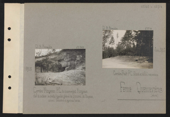 Ferme Quennevières (près de). Carrière Mingasson : PC du commandant Mingasson, chef du secteur ; de droite à gauche, général de Bonneval, commandant Mingasson, colonel Bénédict et agent de liaison