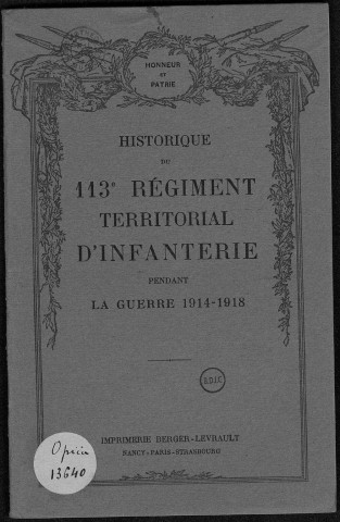 Historique du 113ème régiment territorial d'infanterie
