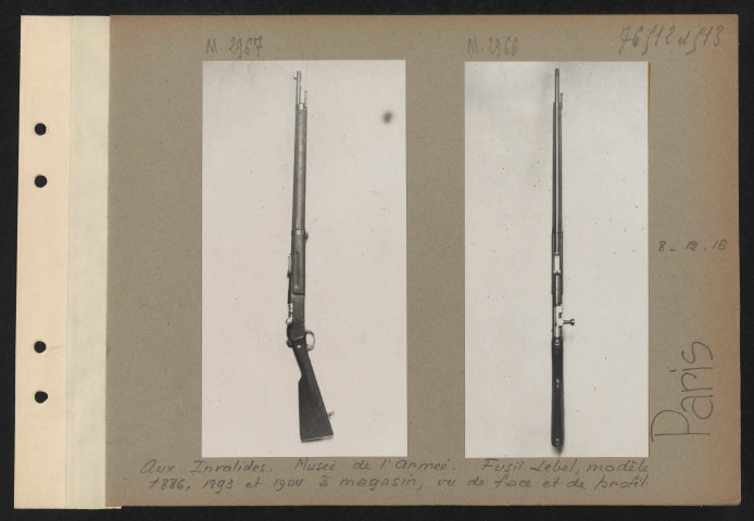 Paris. Aux Invalides. Musée de l'armée. Fusil Lebel, modèle 1886, 1893 et 1904 à magasins, vu de face et de profil