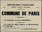 N°42. Commune de Paris... Décrète la vente des objets déposés au Mont-de-Piété est suspendue