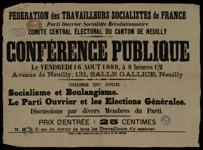 Fédération des Travailleurs Socialistes Conférence publique Neuilly