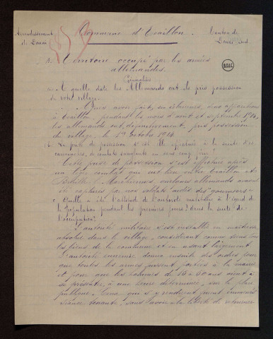 Ecaillon (59) : réponses au questionnaire sur le territoire occupé par les armées allemandes et par les armées françaises et alliées