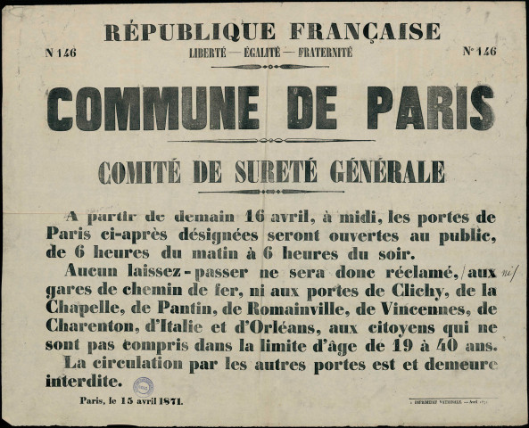 N°146. Les portes de Paris ci-après désignées seront ouvertes au public