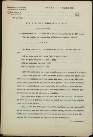 Renseignements sur l'artillerie française et allemande à Verdun. 1916Sous-Titre : Dossier Mantoux. Divers. 1915-1918