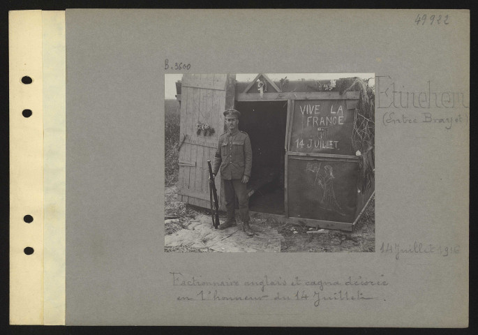 Étinehem (entre Bray et). Factionnaire anglais et cagna décorée en l'honneur du 14 juillet
