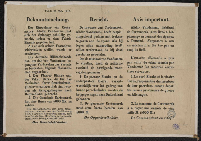 Die Einwohner...amp; hat sich der Spionage shuldig gemacht, indem er dem Feinde Signale gegeben hat = Die inwoner...amp; heeft bespiedingsdienst gedaan met teekens te geven aan de vijand = Habitant de Cortemack, s'est livré à l'espionnage en donnant des signaux à l'ennemie