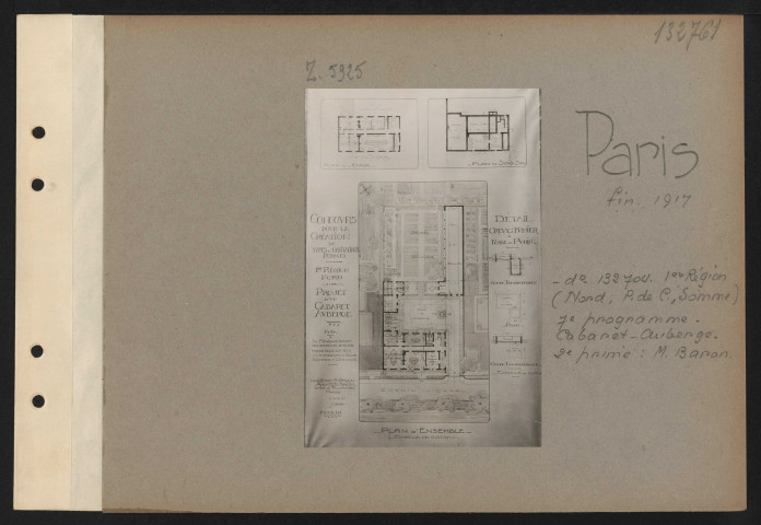 Paris. Musée des arts décoratifs. Exposition des projets d'architecture primés au concours pour la reconstruction des habitations rurales dans les départements envahis. Première région (Nord, Pas-de-Calais, Somme). Septième programme : cabaret-auberge. Première prime : M. Baron