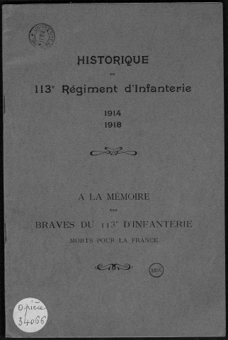 Historique du 113ème régiment d'infanterie