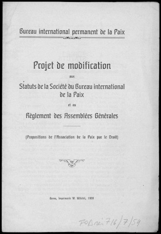 Bureau international permanent de la paix. Projet de modification aux statuts de la société du Bureau international de la paix