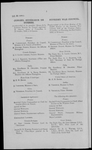 Huitième session du Conseil supérieur de guerre, Versailles 31 octobre-4 novembre 1918. Sous-Titre : Conférences de la paix