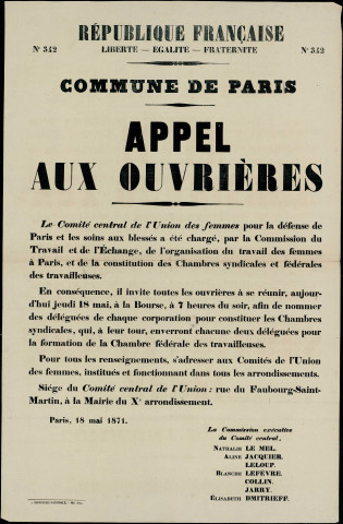 N°342. Appel aux ouvrières Comité central de l'union des femmes pour la défense de Paris