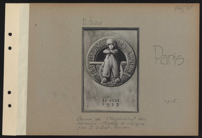 Paris. Œuvre de l'orphelinat des armées. Modèle d'insigne par J. Debat-Ponsan