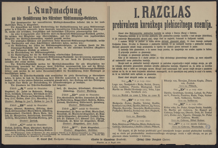 Kundmachung an die Bevölkerung des Kärntner Abstimmungs-Gebietes = Razglas prebivalcem koroškega plebiscitnega ozemlja