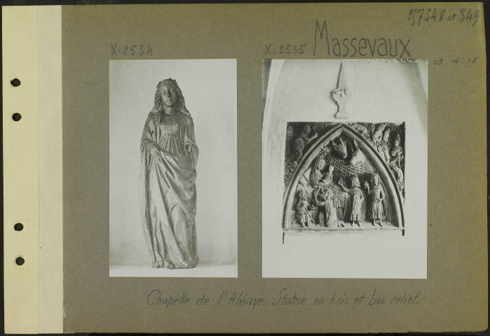Massevaux. Chapelle de l'abbaye. Statue en bois et bas-relief