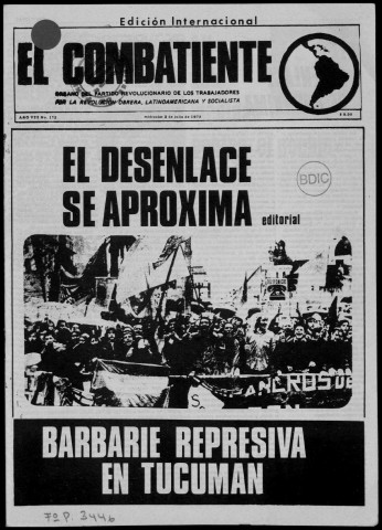 El Combatiente n°173, 2 de julio de 1975. Sous-Titre : Organo del Partido Revolucionario de los Trabajadores por la revolución obrera latinoamericana y socialista