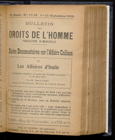 Septembre 1919 - Bulletin des Droits de l'Homme