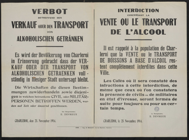 Verbot betreffend den Verkauf oder den Transport von alkoholischen Getränken = Interdiction concernant la vente ou le transport de l'alcool