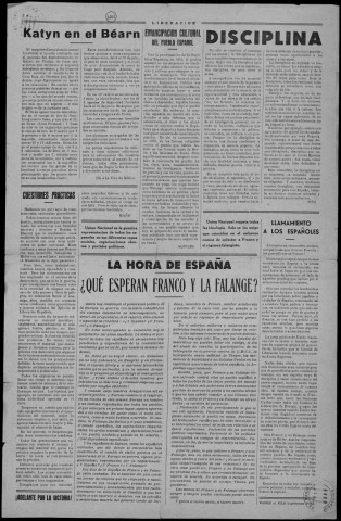Liberación (1944 : n° 2). Sous-Titre : organo de expresión de la 3a Brigada, 26a División, portavoz de la Agrupación de guerilleros españoles