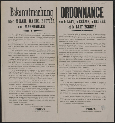 Bekanntmachung über Milch, Rahm, Butter, und Magermilch = Ordonnance sur le lait, la crème, le beurre et le lait écrémé