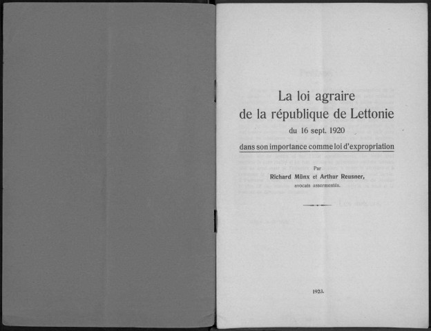 La loi agraire de la République de Lettonie du 16sept. 1920 dans son importance comme loi d'expropriation