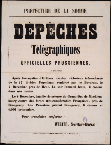 Dépêches télégraphiques officielles prussiennes : Occupation d'Orléans…