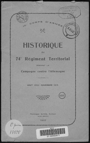Historique du 74ème régiment territorial d'infanterie