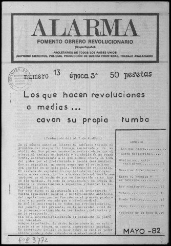 Alarma (1982 ; n°13). Sous-Titre : Boletín de Fomento obrero revolucionario. Autre titre : Boletín de FOR
