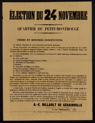 Élections du 24 novembre Quartier du Petit-Montrouge : A. E. Billault de Gérainville