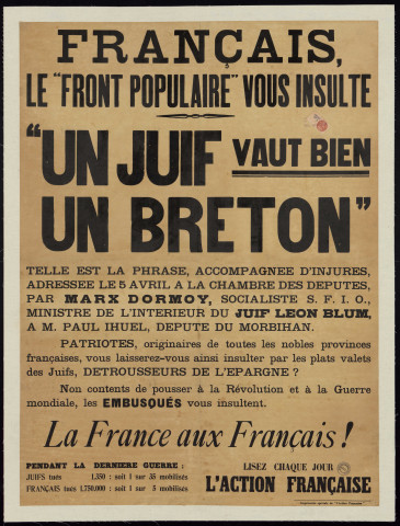 Français, le Front populaire vous insulte : Un Juif vaut bien un Breton