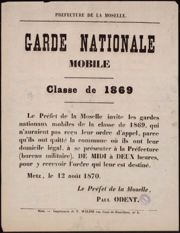 Garde nationale mobile : Classe de 1869