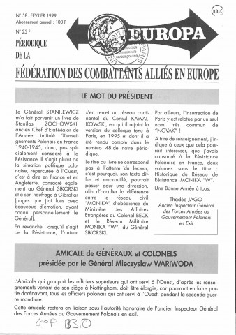Europa (1999; n°58-59)  Sous-Titre : Périodique de la Fédération des Combattants Alliés de l'Europe