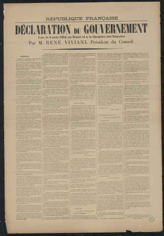 Déclaration du gouvernement lue, le 4 août 1914, au Sénat et à la Chambre des députés par M. René Viviani, président du Conseil