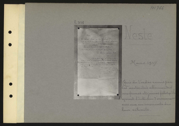 Nesle. Copie de l'ordre remis par les autorités allemandes aux femmes et jeunes filles qu'ils avaient l'intention d'emmener avec eux au moment de leur retraite