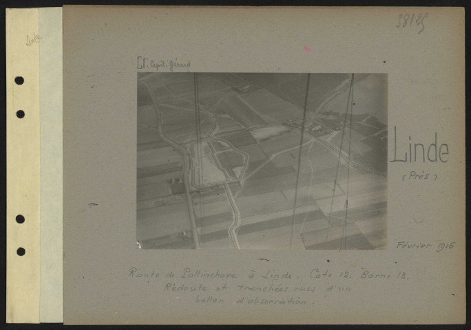 Linde (près). Route de Pollinchove à Linde. Cote 12. Borne 13. Redoute et tranchées vues d'un ballon d'observation