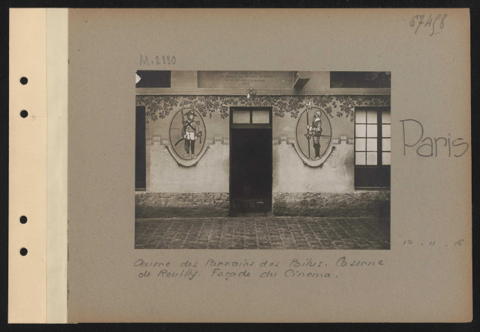Paris. Œuvre des parrains des Poilus. Caserne de Reuilly. Façade de cinéma