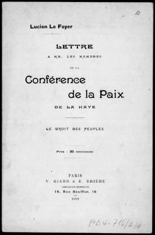 Lettre à MM. les membres de la Conférence de la Paix de La Haye. Le Droit des peuples