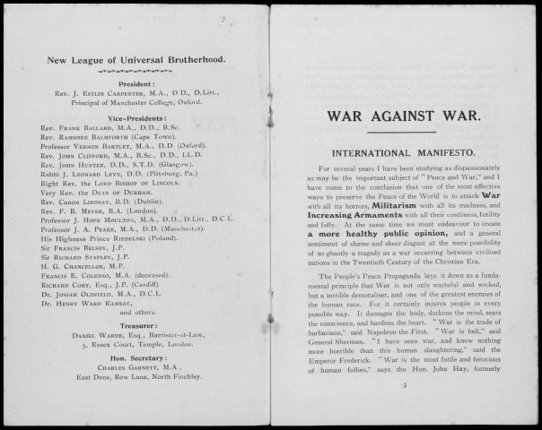 War against war. Sous-Titre : The first manifesto of the People's peace propaganda in connection with the New league of universal brotherhood