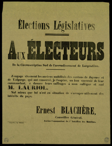 Aux électeurs de la circonscription Sud de l'arrondissement de Largentière : M. Laurio Ernest Blachère